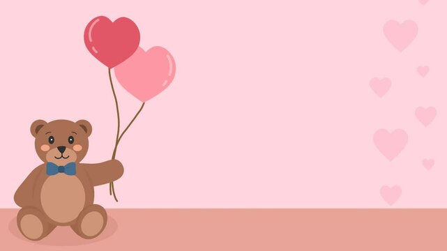 teddy bear with balloons for valentine's day background, valentine pink background animation 