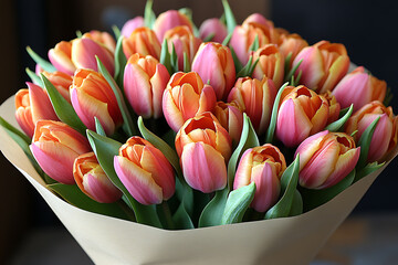 A beautiful bouquet of tulips in soft pastel shades, elegantly arranged in stylish wrapping, perfect for spring celebrations and festive moments