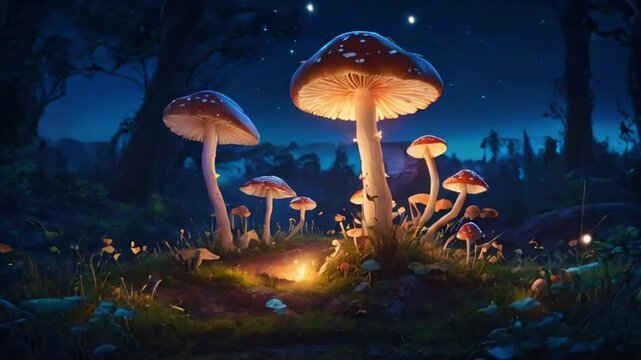 A circle of glowing mushrooms creates a magical fairy ring. In the center, small magical sprites perform a ritual under the starry night sky, 2D flat anime style, 4k landscape animation video