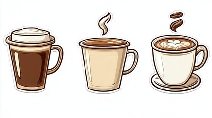 Obraz premium Coffee Cup Clip Art icon set on a clean background, clip art style, vector illustration, coffee theme clip artwork for stickers, coffee shop graphics