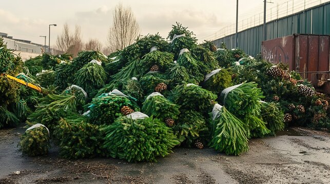 Piled evergreen trees await recycling, showcasing seasonal exces