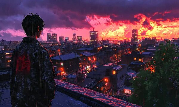 Anime Boy in Rain on Rooftop: Night City Sunset View