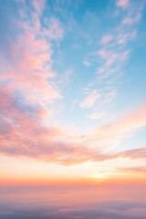 A serene sunset sky filled with pastel clouds, creating a tranquil atmosphere over the horizon. Perfect for relaxation themes.