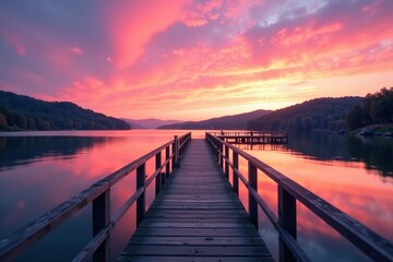 Obraz premium soft pink hues dance across calm lake surface beneath wooden bridge, sunset, bridges, wood