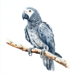 Fototapeta premium Illustration of the African Grey Parrot sitting on the branch, soft watercolor tones, white background, detailed illustration, cartoonish.