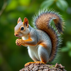 The squirrel maintains a confident posture while perched atop a wooden stock.