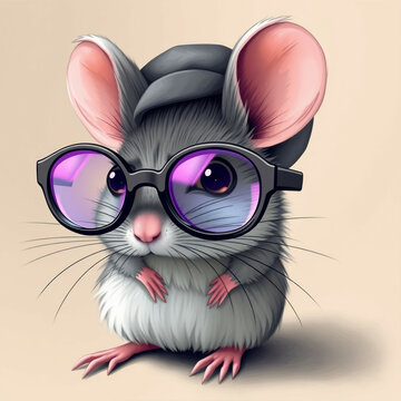 A murine rodent is depicted wearing a pair of spectacles.