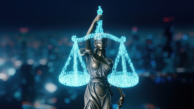 Lady Justice holds holographic scales displaying binary code, set against a glowing futuristic cityscape. A metaphor for fairness and ethics in the digital age