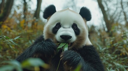 Obraz premium A panda munching on bamboo in a serene forest setting.