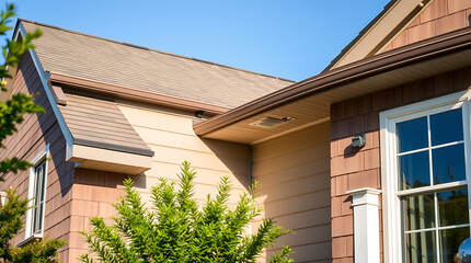 Fototapeta premium A partially visible house exterior features brown siding, a brown roof with a copper-colored gutter, and a beige section of siding. A window and some landscaping are also visible.