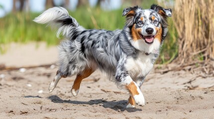 Happy Australian Shepherd Dog Running On Sandy Beach