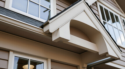Fototapeta premium Close-up view of a house's exterior, showcasing a section of beige siding, white trim, multiple windows, and a complex roofline with an arched detail above the entrance. The gutters are visible.