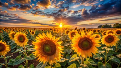 Fototapeta premium Simple Sunflower Drawings Landscape Photography: Rustic Field of Sunflowers at Sunset