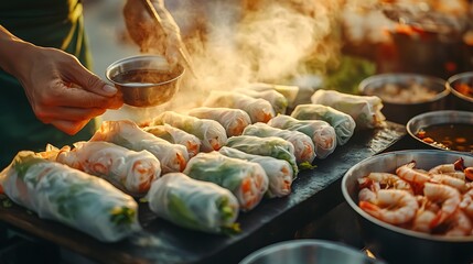 Preparing Delicious Shrimp Summer Rolls At Sunset