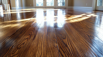Polished Hardwood Floor Close Up with Rich Deep Color and Natural Light Reflection