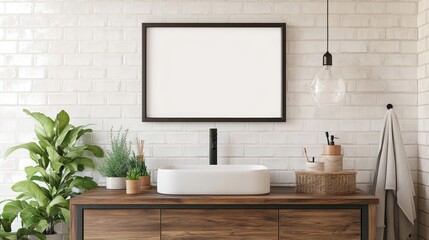 Fototapeta premium Modern Bathroom Vanity With Plants And Frame
