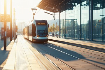 Modern tram approaches station bathed in warm sunlight, showcasi
