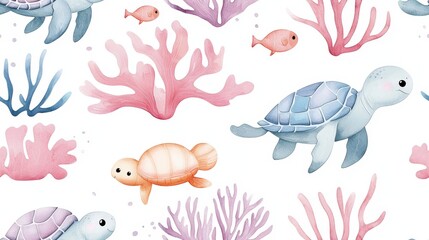 Colorful Sea Turtles Swim Among Vibrant Coral and Fish in a Playful Underwater Scene