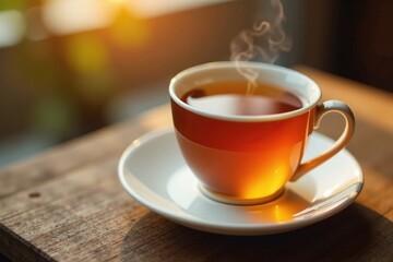 Fototapeta premium Warm golden tea fills teacup on wooden surface, comfort, natural