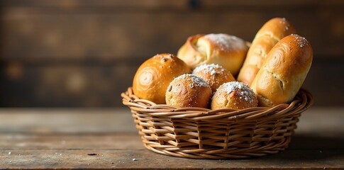 Wicker container containing an assortment of freshly baked breads and pastries on a natural-colored background, natural background, cozy atmosphere