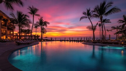 Obraz premium Tropical Resort Pool Sunset Ocean View