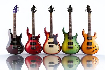 Fototapeta premium Six Guitars Silhouette, Musical Instrument Group, Studio Shot, White Background, Black Silhouette