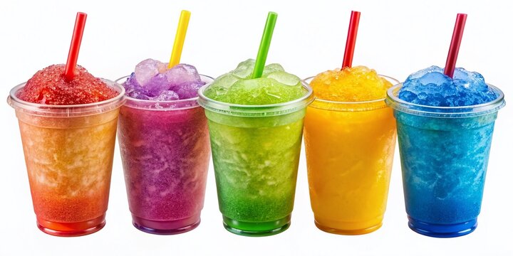 Six Colorful Slurpee-Style Drinks in Plastic Cups with Straws - Stock Photo