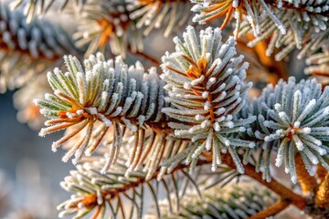 A close-up view of frost-covered pine branches, showcasing intricate icy details and a soft, wintry atmosphere with a pale, serene color palette.