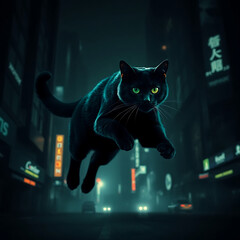 Fototapeta premium A striking image of a black cat leaping through a dimly lit urban street, illuminated by neon signs.