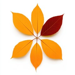A vibrant display of autumn leaves in yellow and red, arranged artistically on a white background.