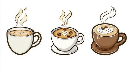 Obraz premium Coffee Cup Clip Art icon set on a clean background, clip art style, vector illustration, coffee theme clip artwork for stickers, coffee shop graphics