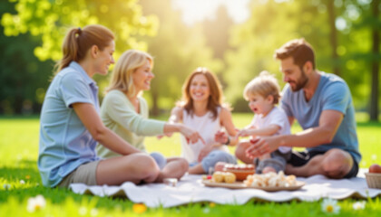 Fototapeta premium Multicultural family sharing joy during a picnic in the park, togetherness, blur background for text
