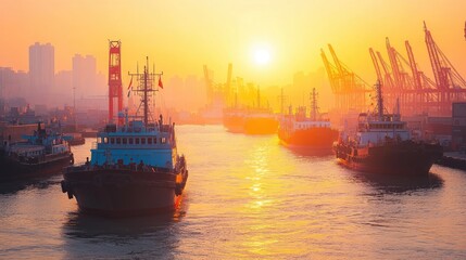 Fototapeta premium Sunset over Cargo Ships in a Busy Harbor