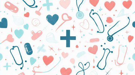 Colorful Medical Pattern with Hearts and Healthcare Icons for Wellness