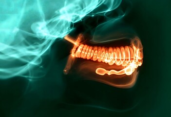 Glowing X-Ray of Human Jaw and Teeth: Medical, Dental, and Healthcare Concept.  Illustrative view of mouth, jaw, teeth, bone structure, skull, and oral anatomy.  The image showcases bright, glowing te