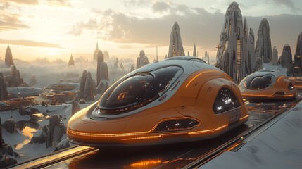 Futuristic Transportation Hovering Above the City Skyline