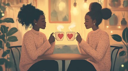 Two women sitting in a cozy cafÃ©, holding matching coffee mugs with heart-shaped designs