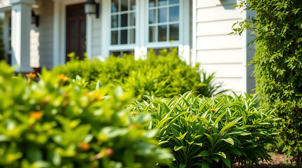 Fototapeta premium Green Landscaping in Front of White House Exterior