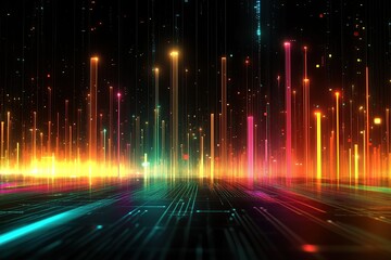 A colorful data visualization with upward-trending lines and bar charts on a black background