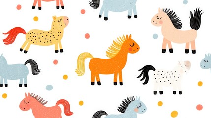 Colorful Cartoon Horses and Foals in Playful Pattern with Polka Dots on White Background