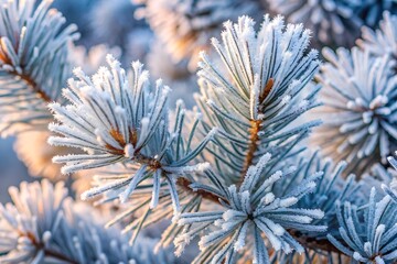 A close-up view of frost-covered pine branches, showcasing intricate icy details and a soft, wintry atmosphere with a pale, serene color palette.