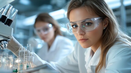 Fototapeta premium Two female scientists in a modern laboratory, focused on conducting research using advanced equipment surrounded beakers test tubes and scientific instruments under soft lighting innovation science