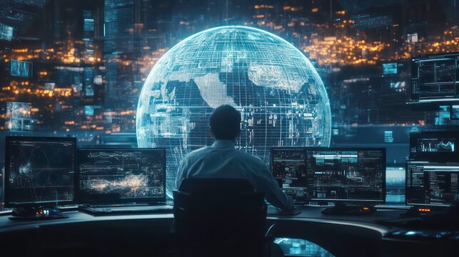 Man monitoring global network data on multiple screens, holographic earth projection.
