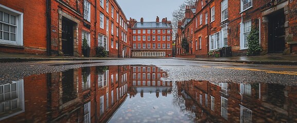 Obraz premium Reflection of red brick buildings in a rain puddle on a street.