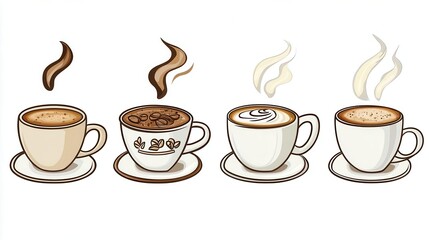Obraz premium Coffee Cup Clip Art icon set on a clean background, clip art style, vector illustration, coffee theme clip artwork for stickers, coffee shop graphics