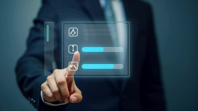 Business professional interacting with holographic interface for task management in a modern office setting