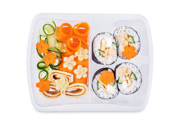 Bento box with sushi set with chicken filling and vegetables on a white isolated background