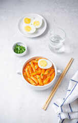 Hot and spicy tteokbokki in sauce in a bowl