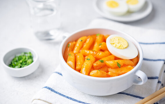 Hot and spicy tteokbokki in sauce in a bowl