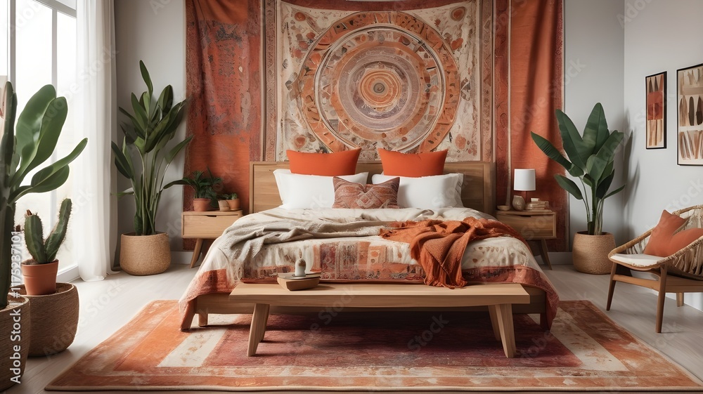 Wall mural Moroccan wall hanging above wooden bed. Bohemian or eclectic interior design of modern bedroom. Created with generative AI